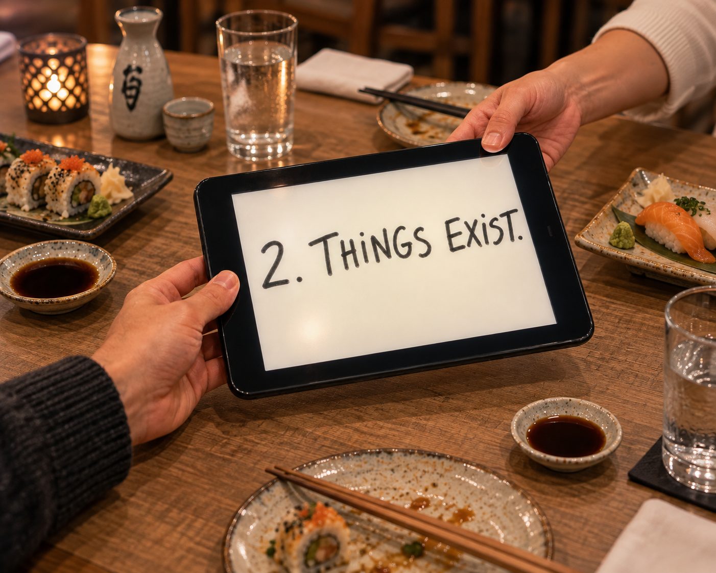 A recreated scene of two hands passing an HP TouchPad with a screen reading &lsquo;2. Things Exist.&rsquo; across a wooden restaurant table with sushi plates.